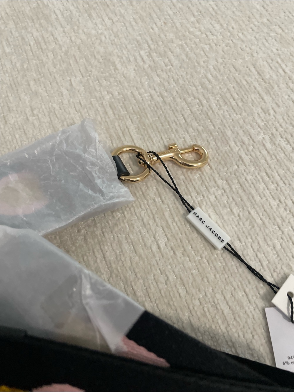 Marc Jacobs Black Webbing Strap with Gold Metallic Stripe and Light Pink Logo - Picture 6 of 6